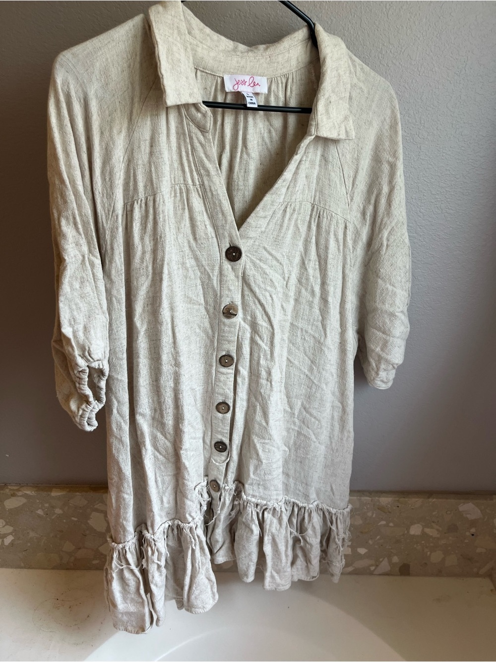 Jess Lea Linen Blend Ruffle Hem Shirt Dress Large Pockets Neutral Boho